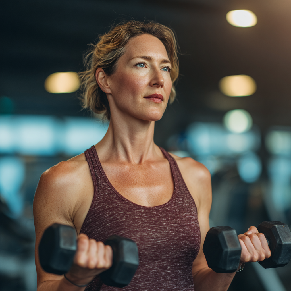 Confident middle-aged woman in her 40s doing strength training with dumbbells in a modern fitness center, wearing athletic wear and showing determination