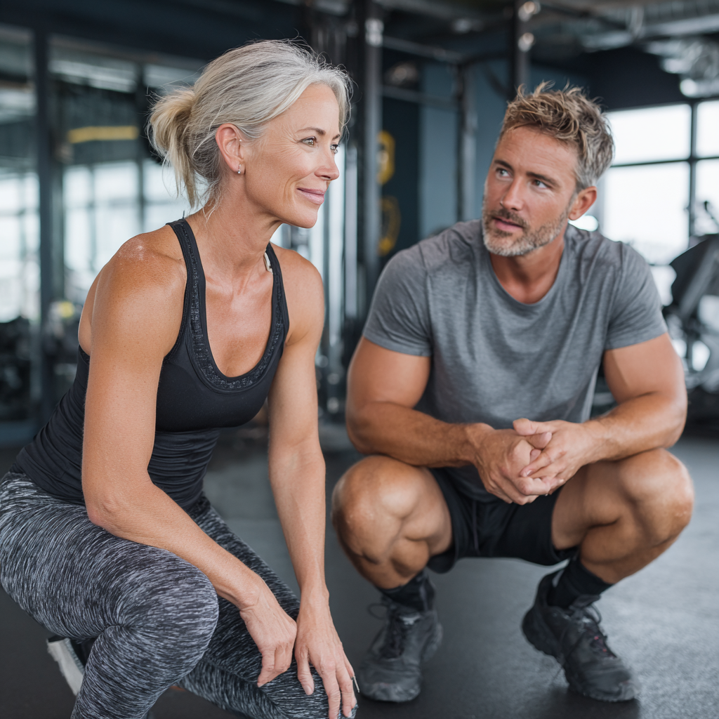 Experienced fitness professional in her late 40s demonstrating proper exercise form to a client in a bright, modern training facility