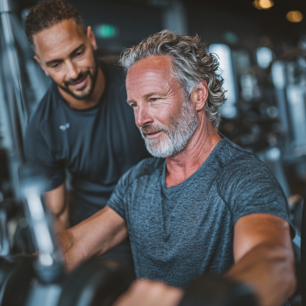 Professional fitness trainer in his 50s working with a client using personalized training equipment in a well-equipped gym setting